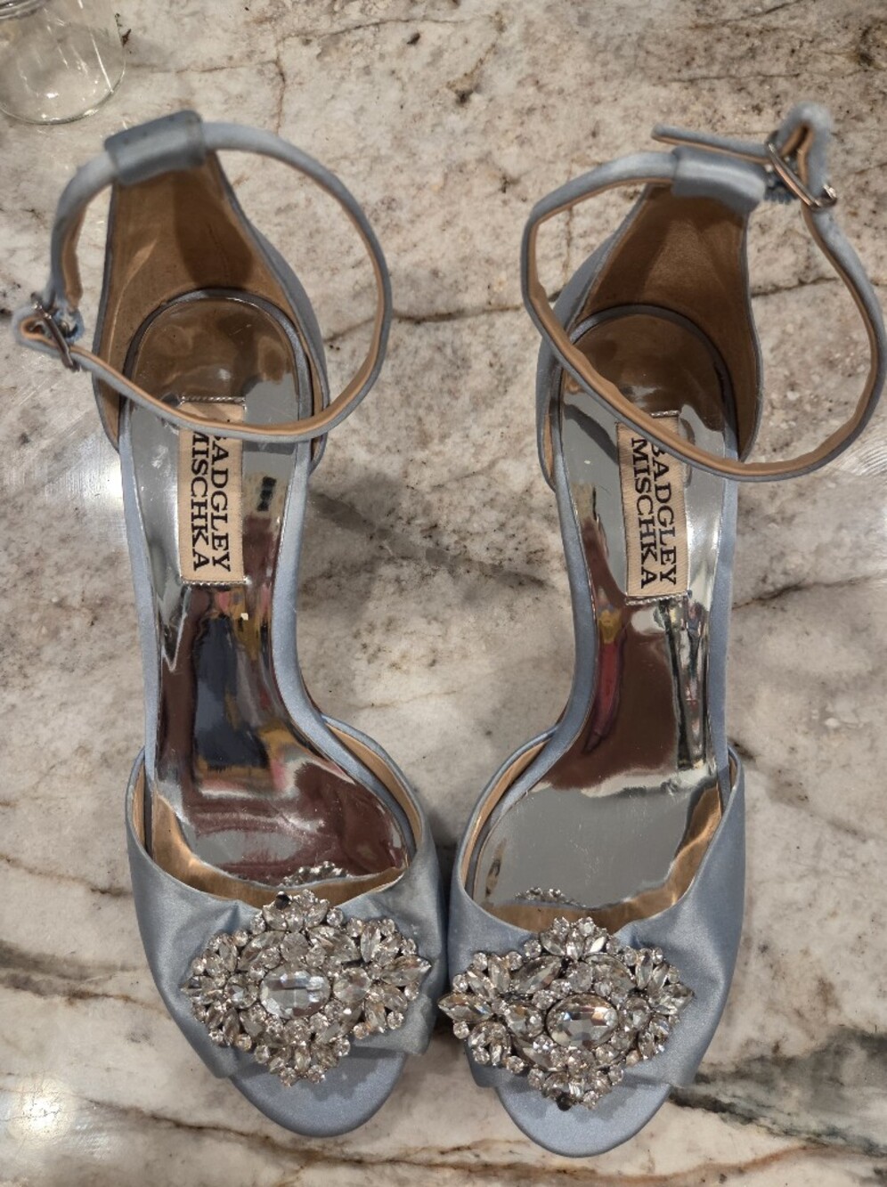 Badgley Mischka Silver Satin Crystal-Embellished Ankle-Strap Heels